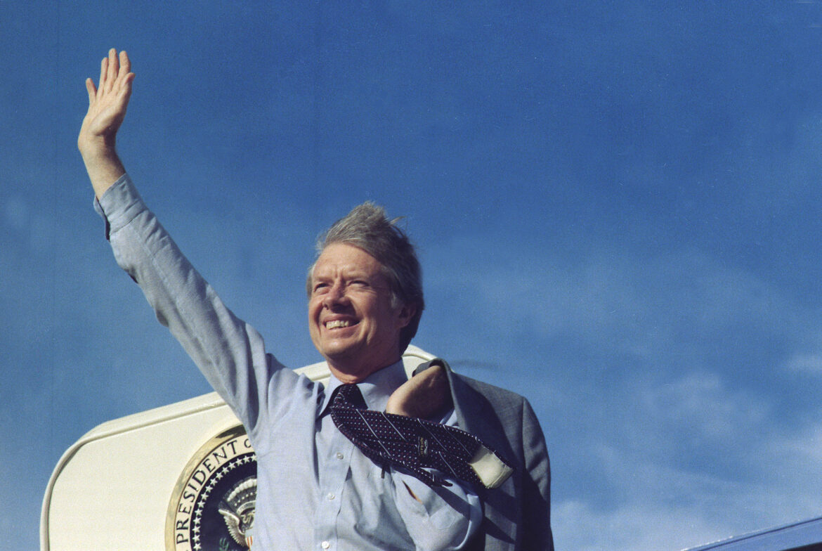 Jimmy Carter waving from Air Force One ca. May 1977.