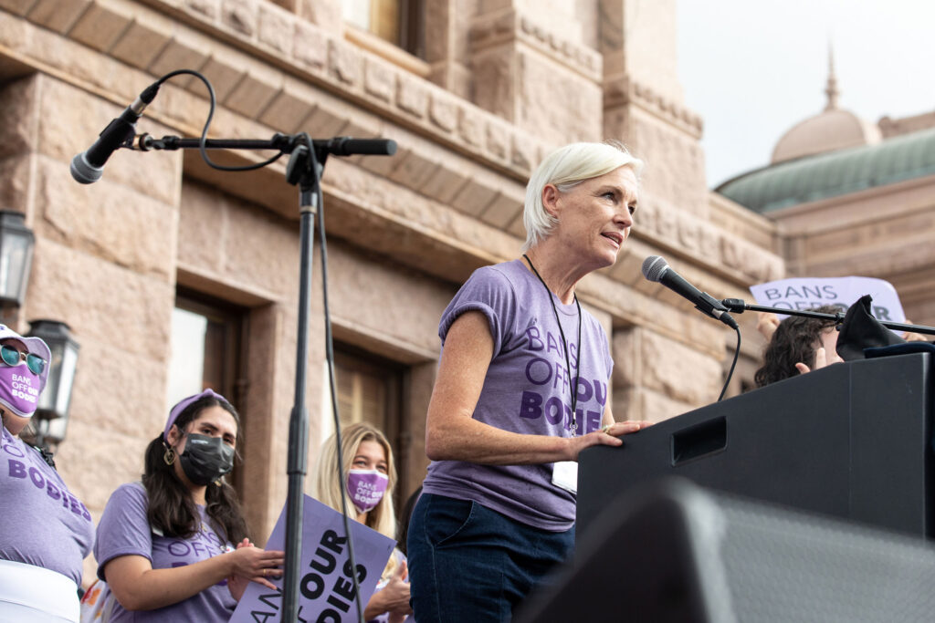 Cecile Richards, former president of Planned Parenthood, addresses a crowd of demonstrators during a women's march for abortion rights outside the Texas state Capitol in Austin, Saturday, Oct. 2, 2021. (Ilana Panich-Linsman/The New York Times)