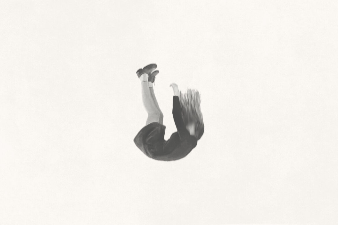 Illustration of woman falling from the sky, surreal abstract concept