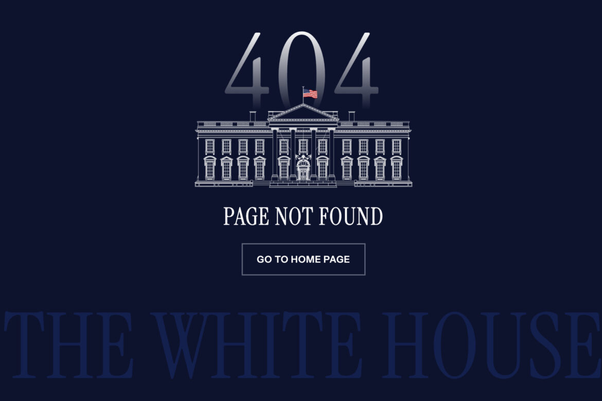 A screenshot of the Spanish-language version of the official White House website shows an "Error 404" message on Jan. 22, 2025.
