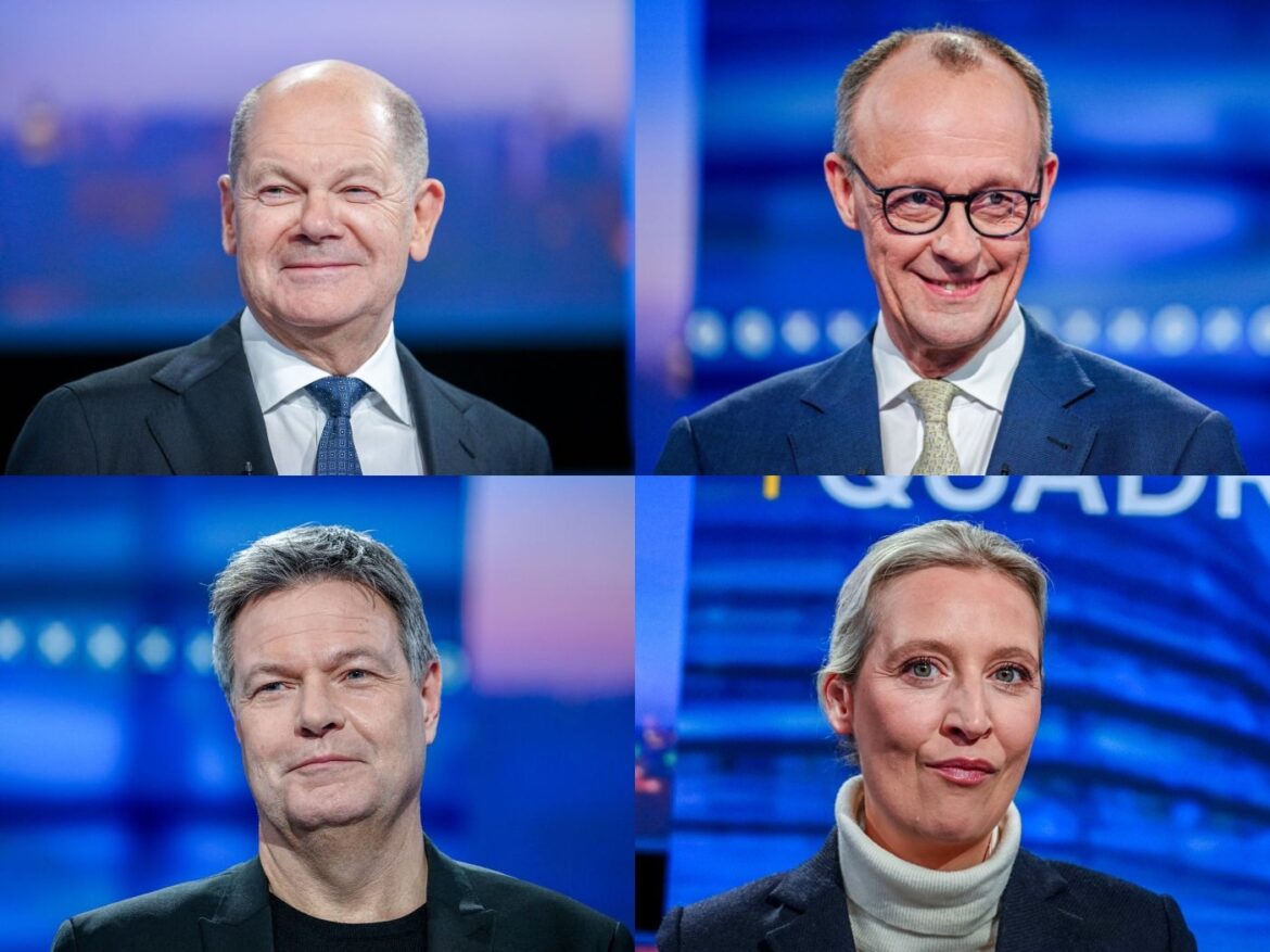 Clockwise from top left: German Chancellor Olaf Scholz, opposition leader Friedrich Merz, far-right AfD candidate Alice Weidel, and environmentalist Greens candidate Robert Habeck, during a TV debate on Feb. 16, 2025.