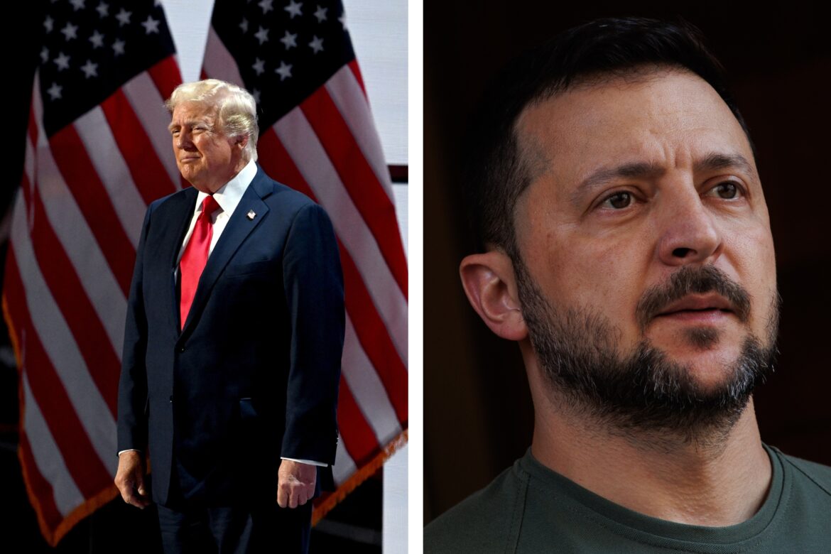 From left: Former U.S. President Donald Trump at the Republican National Convention, July 18; The President of Ukraine Volodymyr Zelensky in Madrid, Spain, on May 27.