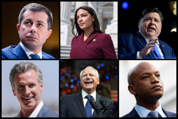 A grid of six political figures in the Democratic Party. From top left, clockwise: Pete Buttigieg, Alexandria Ocasio-Cortez, J.B. Pritzker, Wes Moore, Tim Walz, Gavin Newsom.