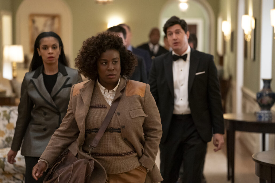 The Residence. (L to R) Susan Kelechi Watson as Jasmine Haney, Uzo Aduba as Cordelia Cupp, Ken Marino as Harry Hollinger in episode 101 of The Residence. Cr. Jessica Brooks/Netflix &copy; 2024