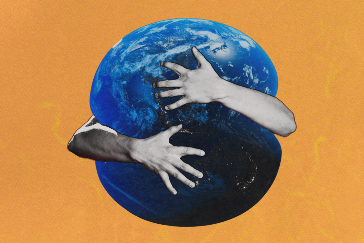 Photo-Illustration of the world being wrapped in a hug.