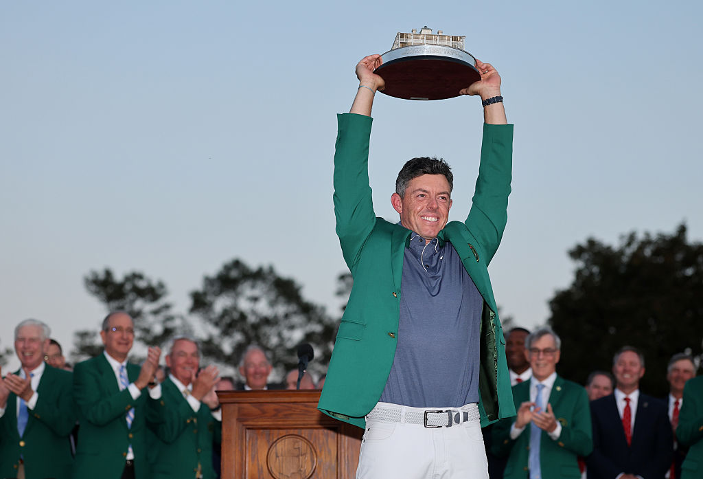 Rory McIlroy of Northern Ireland poses with the Masters trophy during the Green Jacket Ceremony after winning the 2025 Masters Tournament at Augusta National Golf Club in Augusta, Ga., on April 13, 2025.