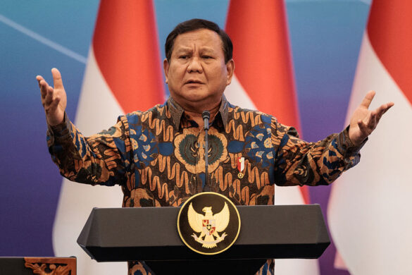 Indonesia's President Prabowo Subianto speaks during an economic event  titled "Strengthening Indonesia's Economic Resilience Amid the Wave of Trade Tariff Wars" in Jakarta, Indonesia, on April 8, 2025.