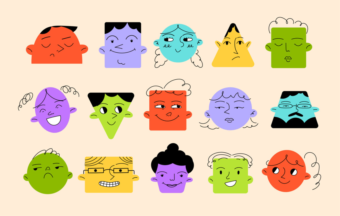 Different emotions and faces in geometric shapes