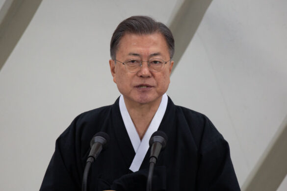 South Korean President Moon Jae-in speaks during the 103rd Independence Movement Day ceremony in Seoul, South Korea, on March 1, 2022.