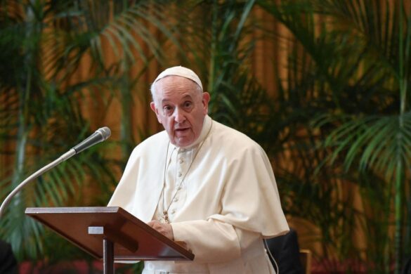 Pope Francis addresses the meeting "Faith and Science: Towards COP26" on Oct. 4, 2021 in The Vatican. 