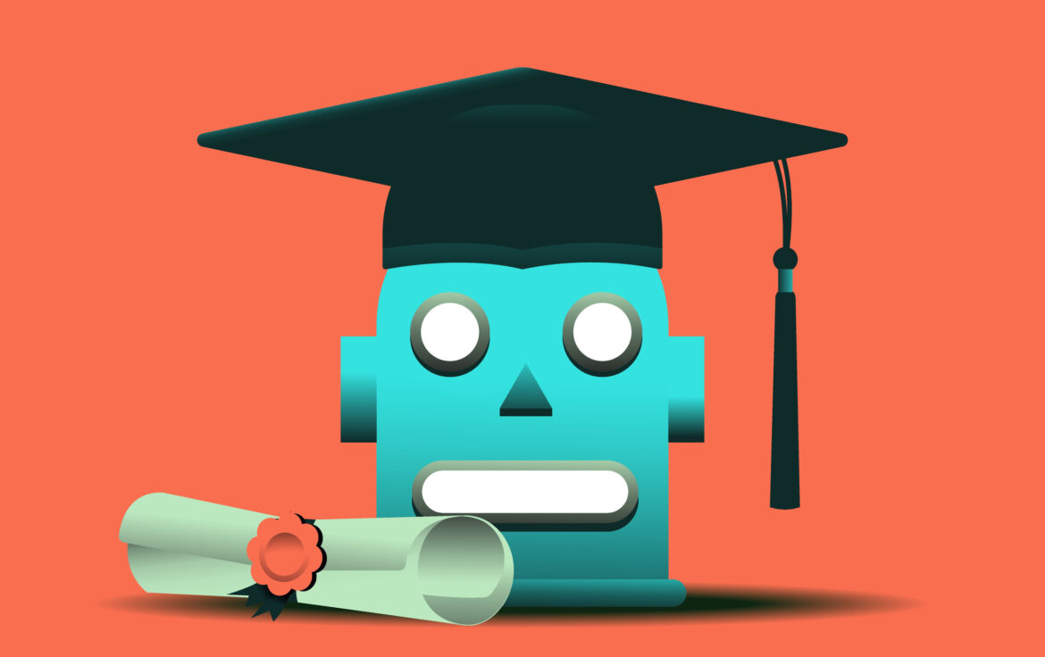 Robot's head in graduation cap 