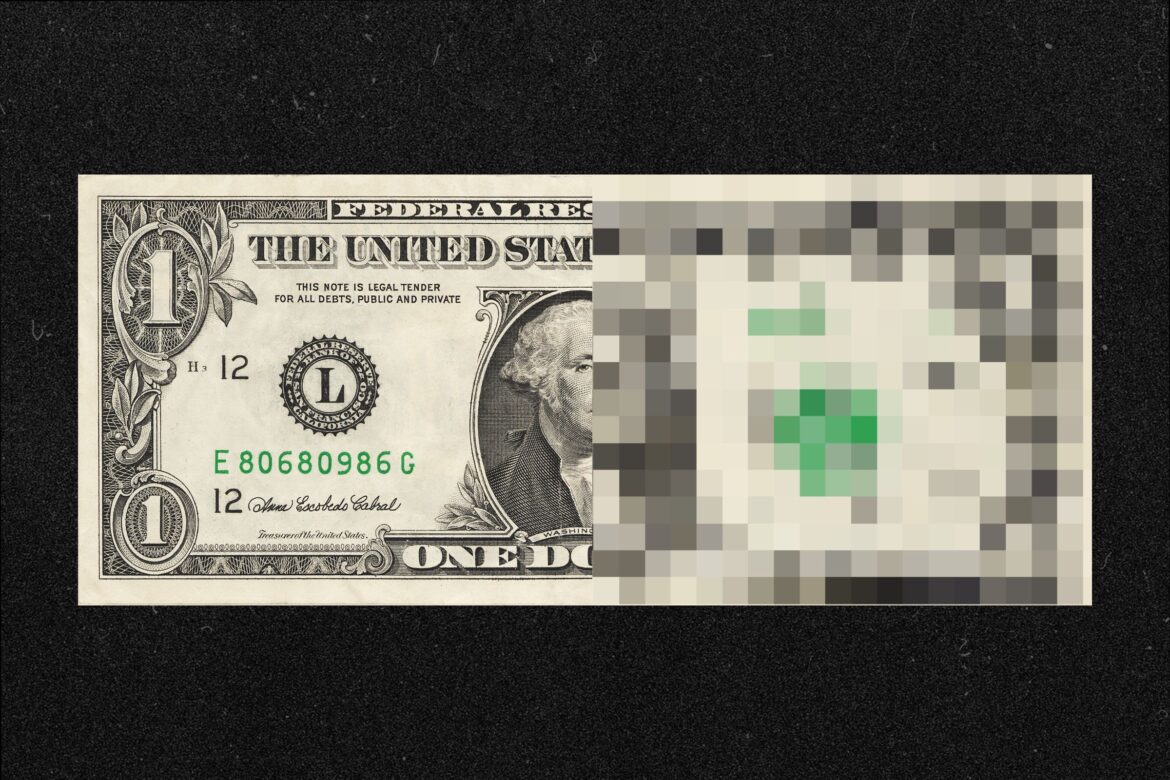 A dollar bill becoming pixelated