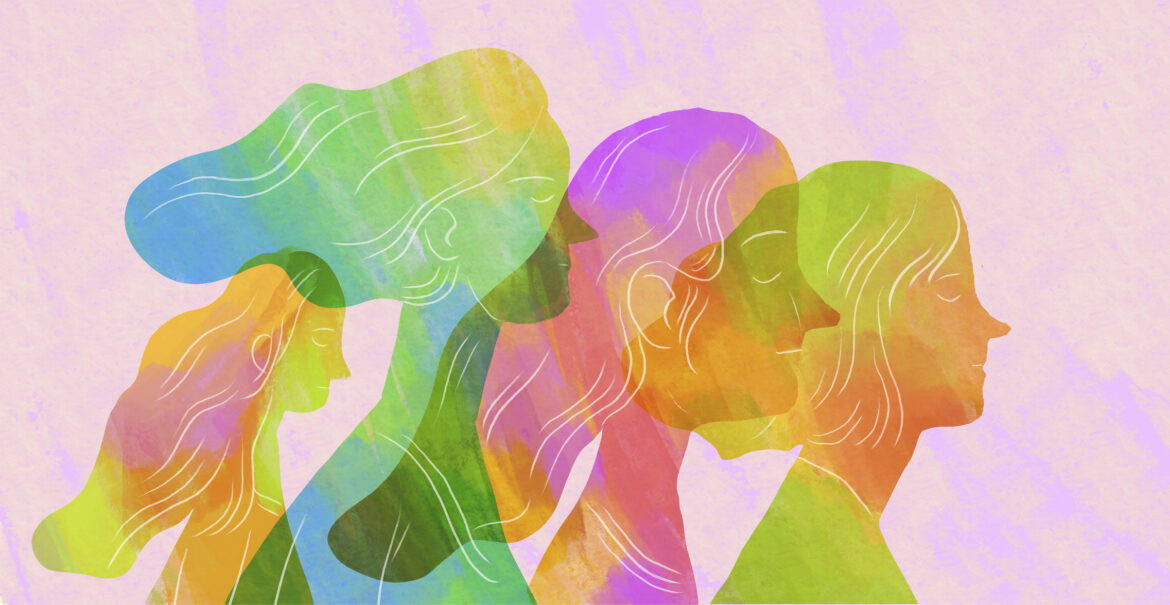 Colorful abstract illustration of superimposed female profiles symbolizing multi-layered personality and generational change