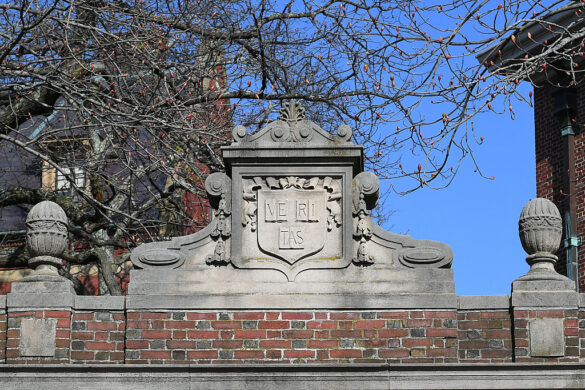 A general view of Harvard University's "Veritas" shield on The Class of 1875 Gate in Harvard Yard Harvard University in Cambridge, Mass., on April 15, 2025.