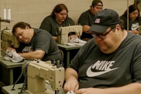 A screenshot of an AI-generated video shared on social media depicting U.S. manufacturing workers.