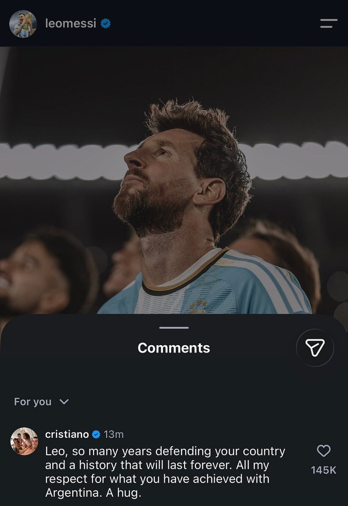 Cristiano Ronaldo sends Messi a hug after emotional farewell